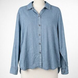 Peruvian Connection Denim Chambray Button Shirt Long Sleeve Hem L Western Casual